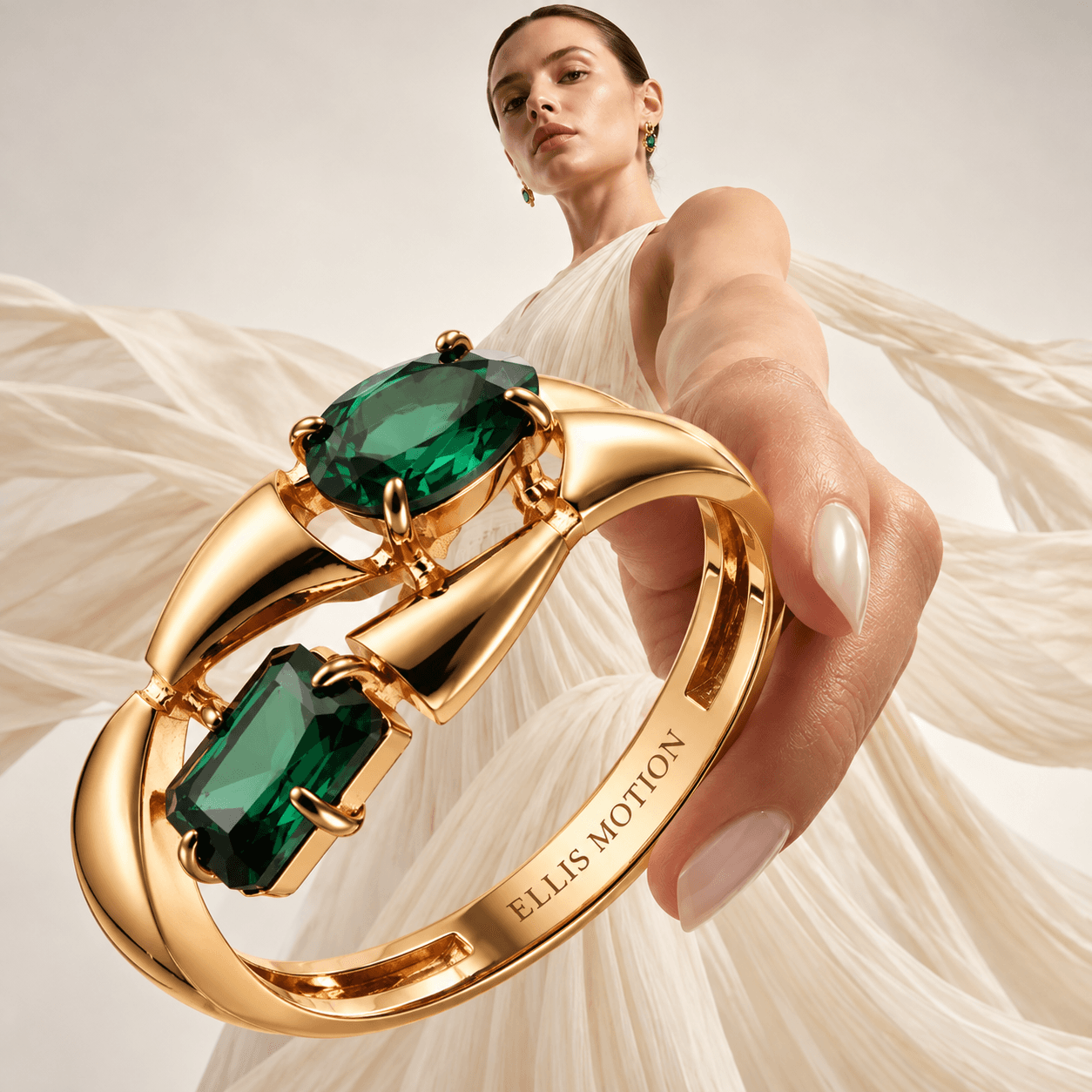 Gold ring with a sparkling gemstone resting on black velvet